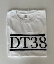 Load image into Gallery viewer, T-Shirt - White with Distressed Black DT38 Logo